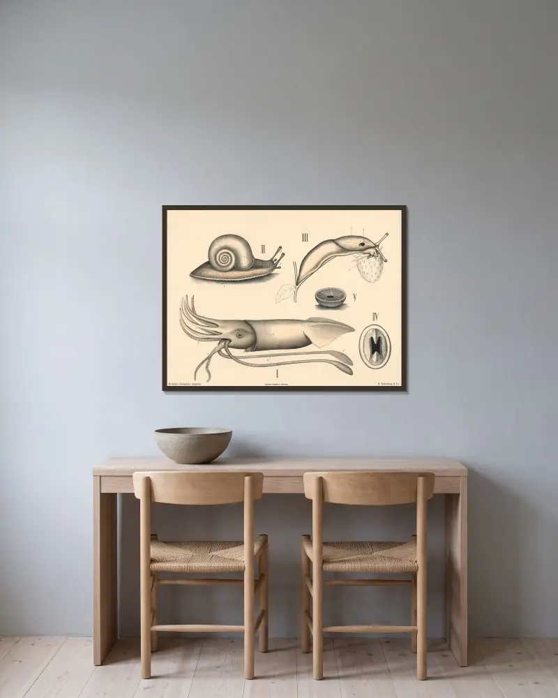 Weichtiere. Kopffüßer und Schnecken von Peter Dybdahl gerahmt an einer Wand