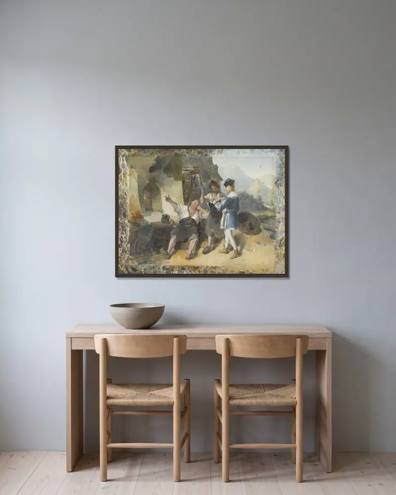 Fridolin And Two Workmen By The Forge av Peter Fendi inramad på en vägg