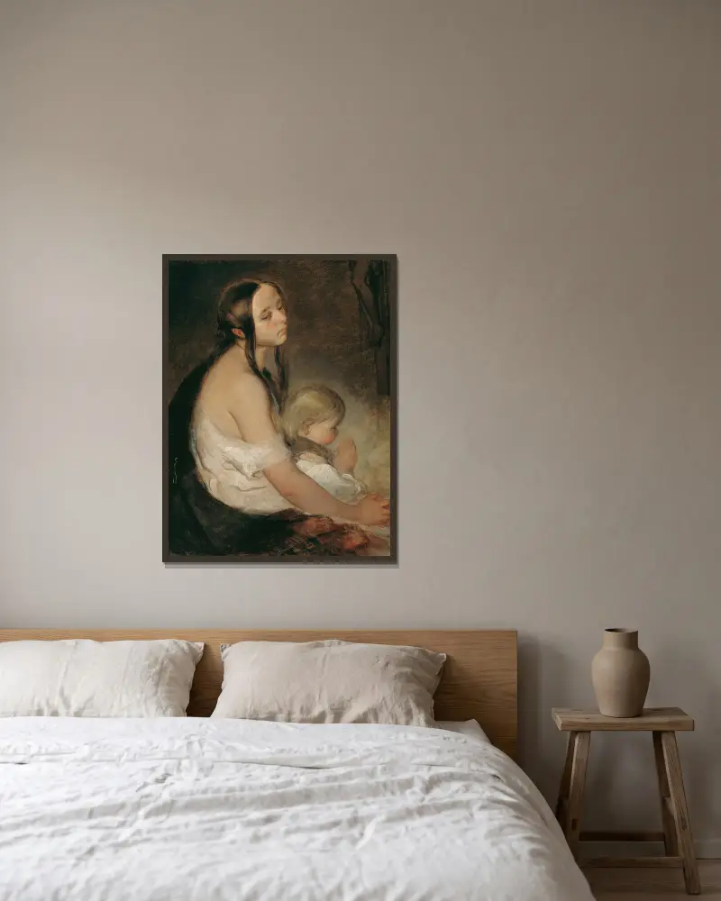 Mor med barn under krucifixet av Peter Fendi inramad på en vägg