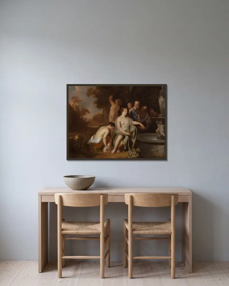 Diana och hennes nymfer vid en fontän av Sir Peter Lely inramad på en vägg