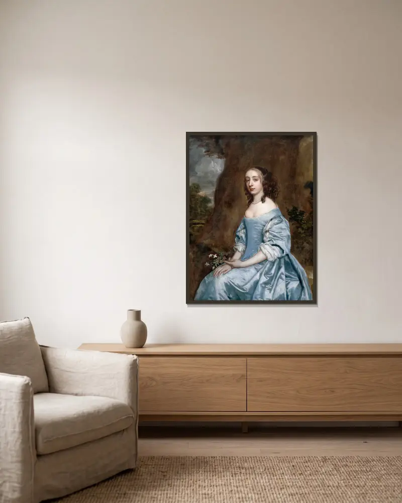 Porträtt av en dam i blått som håller en blomma av Sir Peter Lely inramad på en vägg