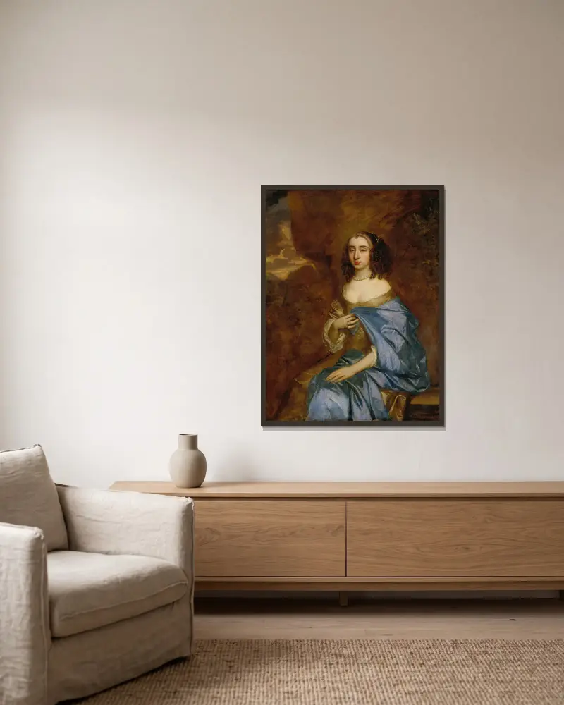 Porträtt av en dam med ett blått draperi av Sir Peter Lely inramad på en vägg