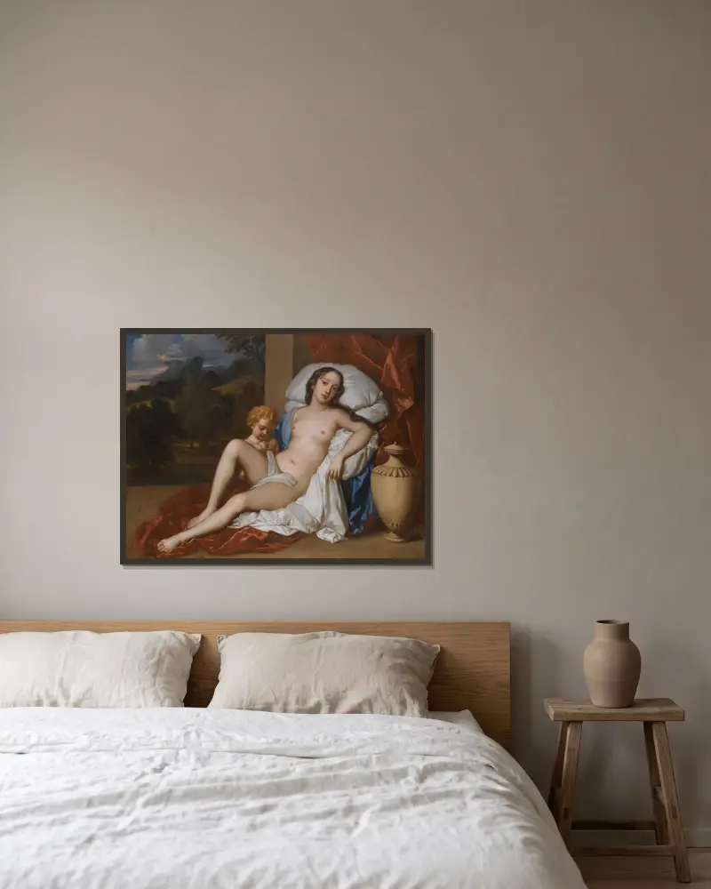 Porträtt av en ung kvinna och ett barn, som Venus och Amor, nästan säkert Nell Gwyn av Sir Peter Lely inramad på en vägg