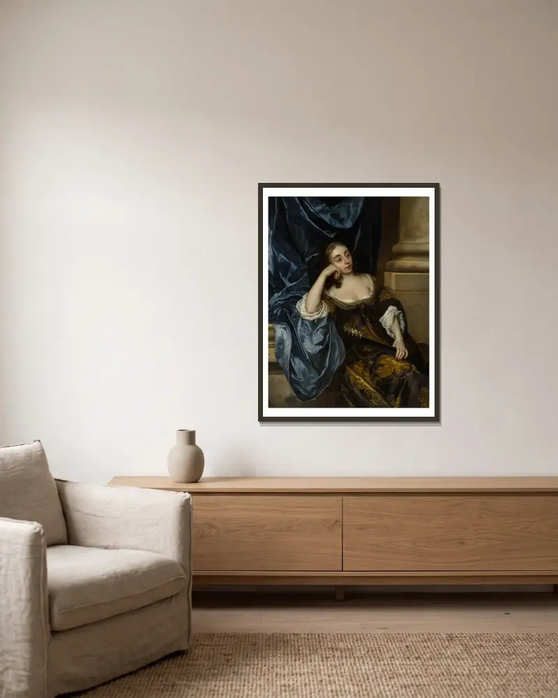 Porträtt av Elizabeth Capel, grevinna av Carnarvon, med gitarr av Sir Peter Lely inramad på en vägg