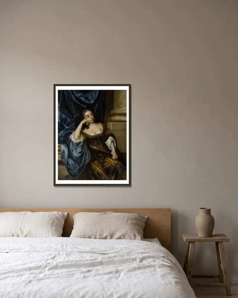 Porträtt av Elizabeth Capel, grevinna av Carnarvon, med gitarr av Sir Peter Lely inramad på en vägg