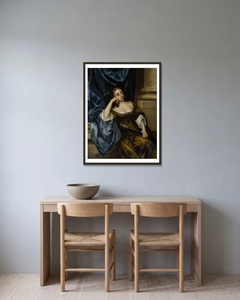 Porträtt av Elizabeth Capel, grevinna av Carnarvon, med gitarr av Sir Peter Lely inramad på en vägg
