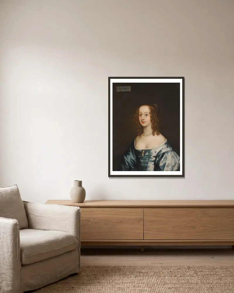 Porträtt av Lady Diana Grey, grevinna av Ailesbury (d. 1689) av Sir Peter Lely inramad på en vägg