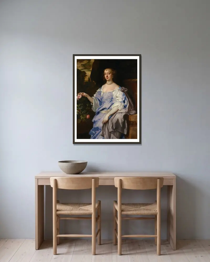Porträtt av Lady Penelope Spencer av Sir Peter Lely inramad på en vägg