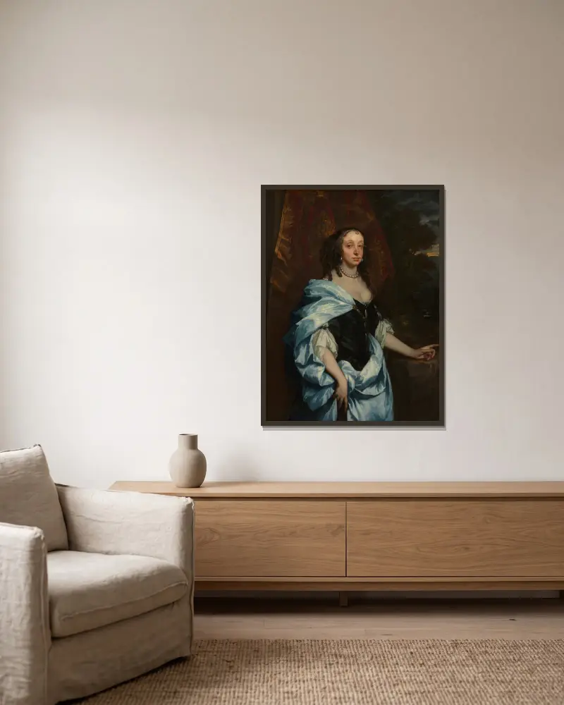 Portrait of Mrs. Leneve av Sir Peter Lely inramad på en vägg