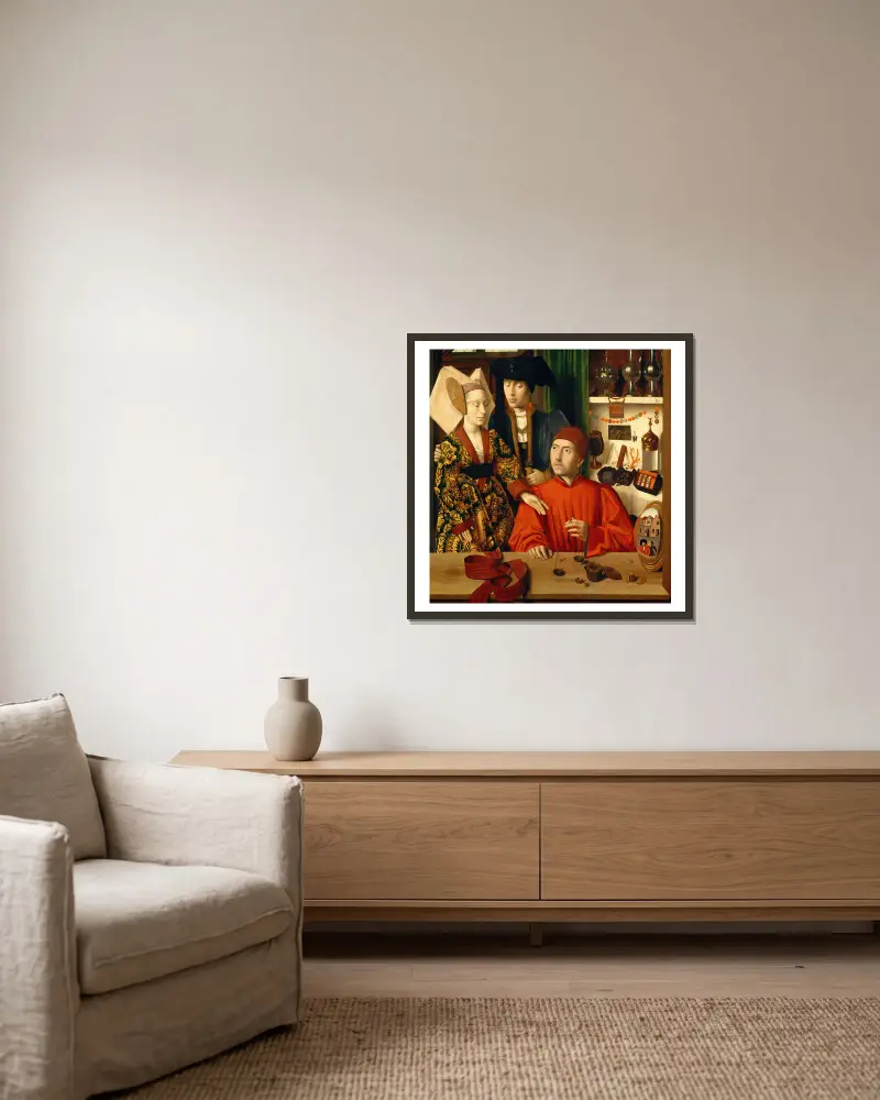 En guldsmed i sin butik av Petrus Christus inramad på en vägg