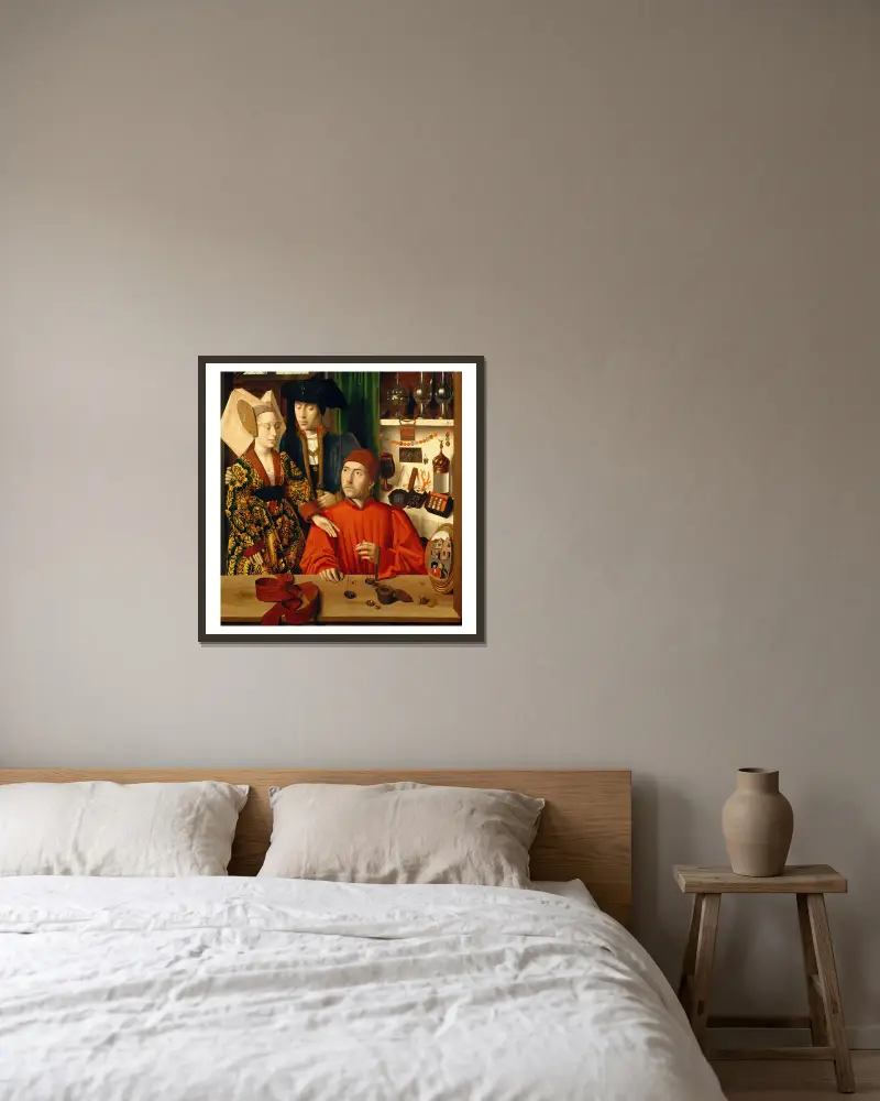En guldsmed i sin butik av Petrus Christus inramad på en vägg