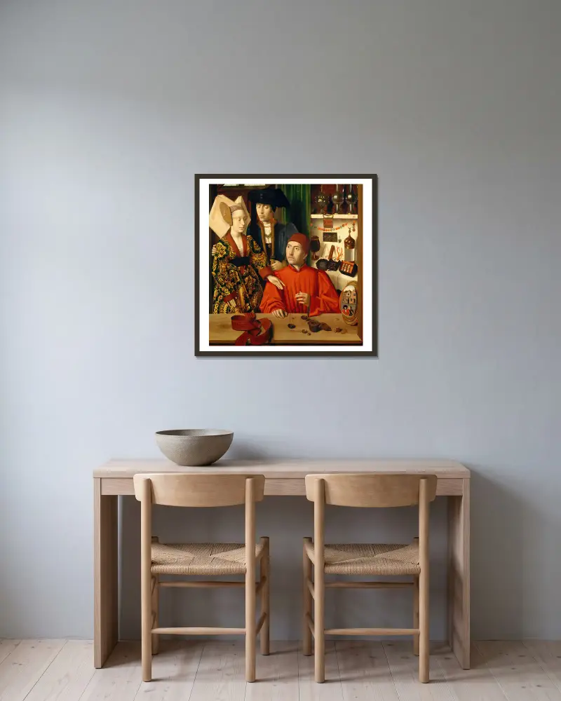 En guldsmed i sin butik av Petrus Christus inramad på en vägg