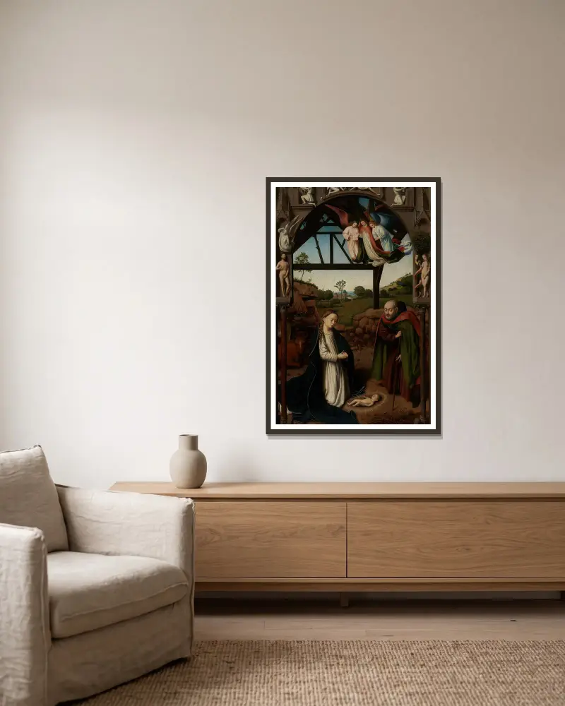 Tillbedjan av Kristusbarnet av Petrus Christus inramad på en vägg