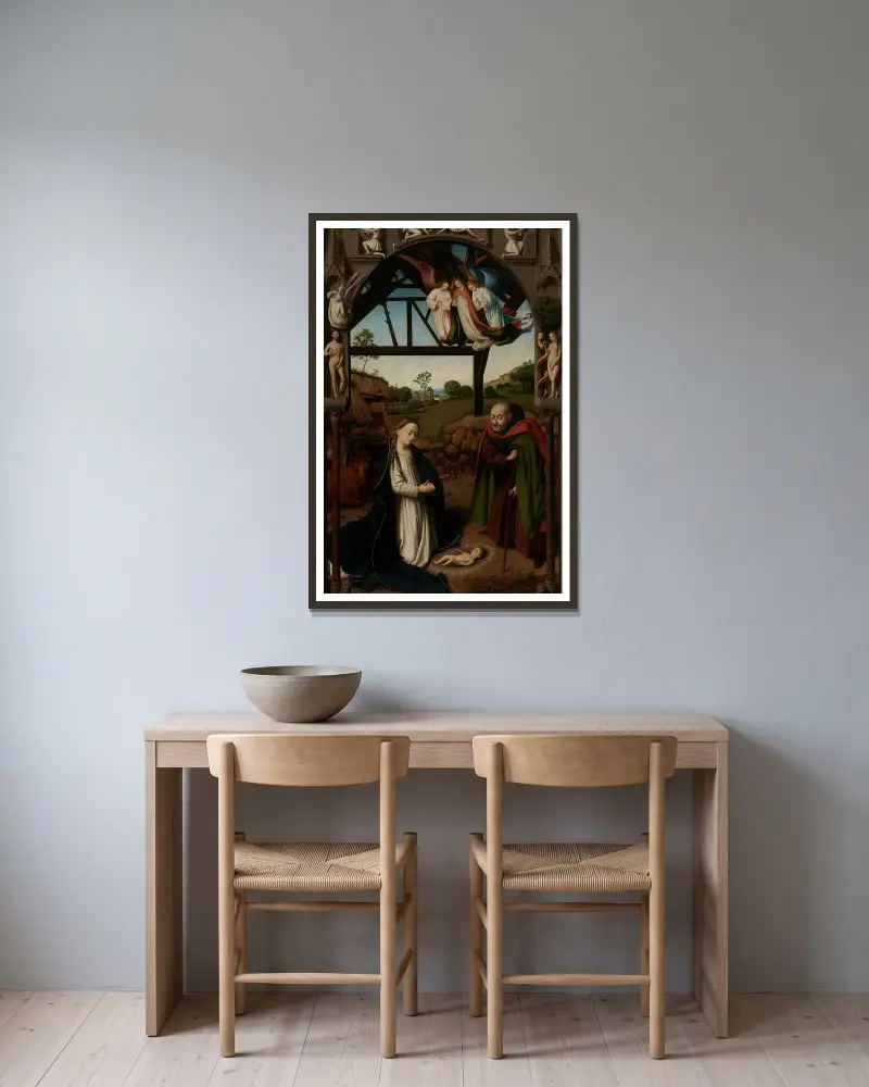 Tillbedjan av Kristusbarnet av Petrus Christus inramad på en vägg