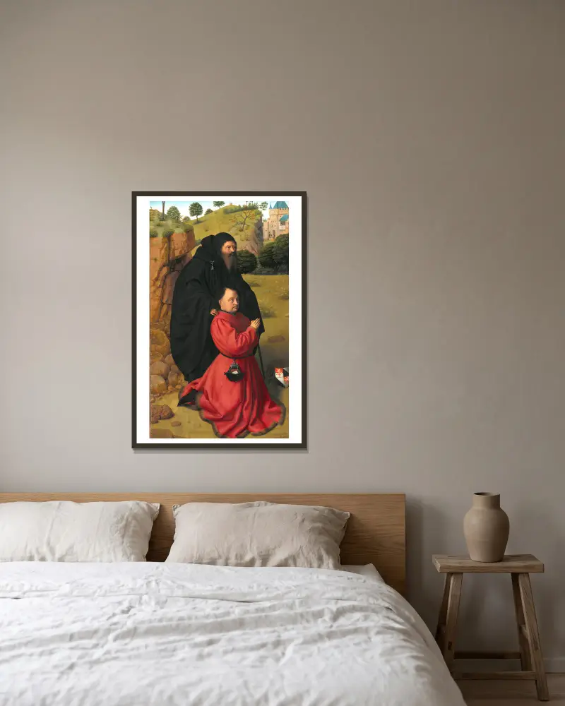 Altarpanel med porträtt av en stiftare i scharlakansrött under skydd av den helige Antonius av Petrus Christus inramad på en vägg