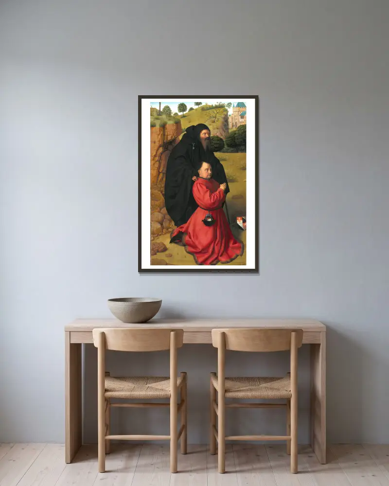 Altarpanel med porträtt av en stiftare i scharlakansrött under skydd av den helige Antonius av Petrus Christus inramad på en vägg