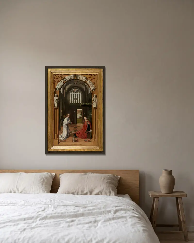Annunciation av Petrus Christus inramad på en vägg