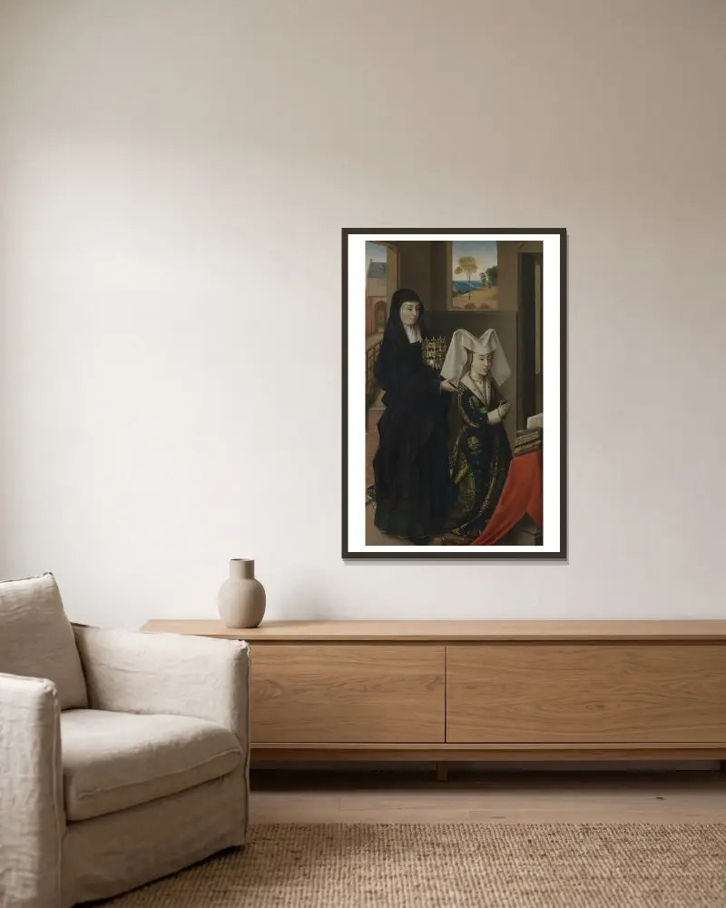 Isabella av Portugal med den heliga Elisabet av Petrus Christus inramad på en vägg