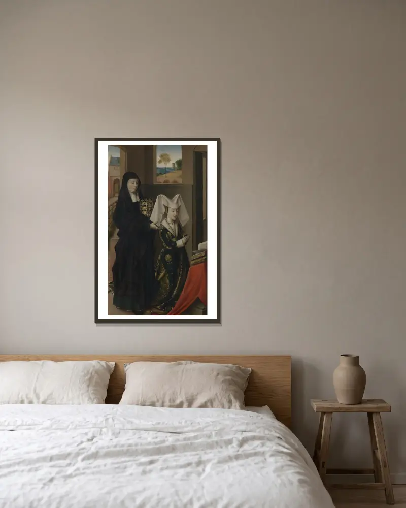 Isabella av Portugal med den heliga Elisabet av Petrus Christus inramad på en vägg