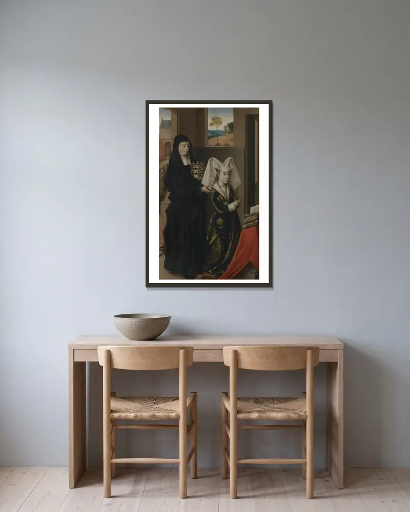 Isabella av Portugal med den heliga Elisabet av Petrus Christus inramad på en vägg