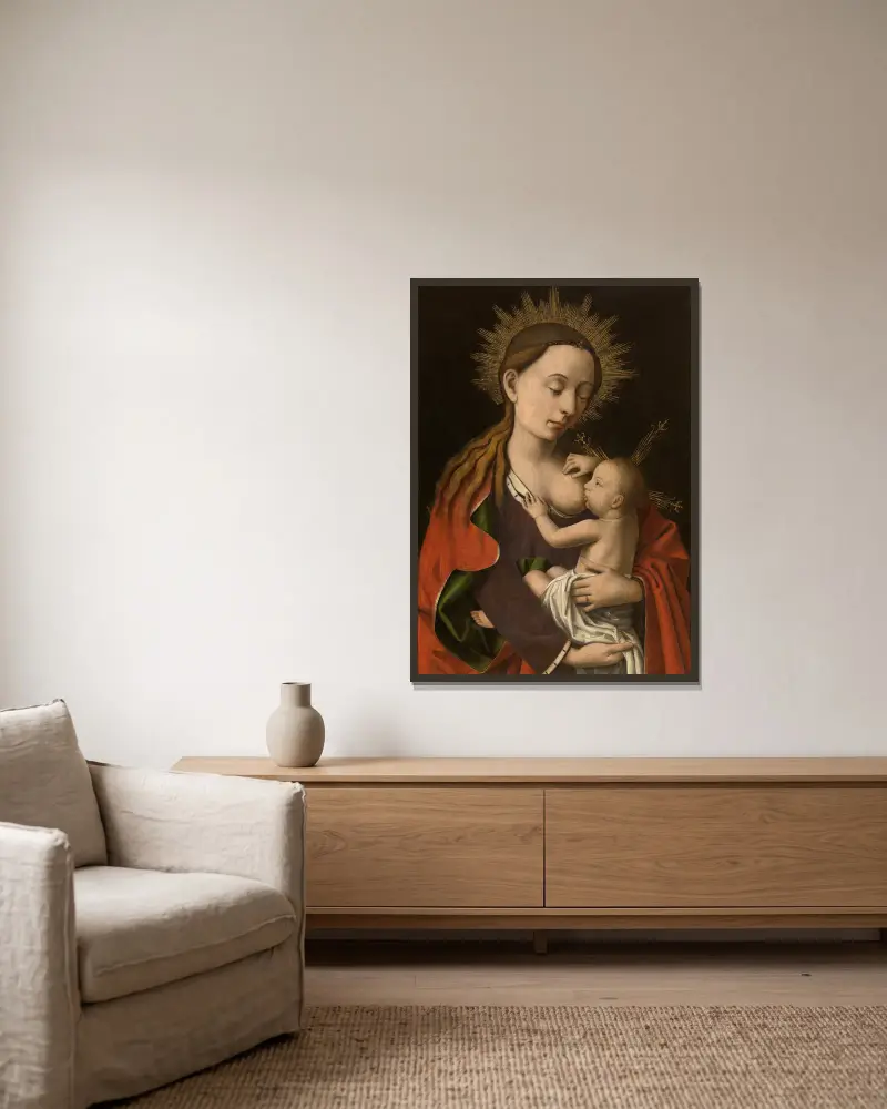 Madonna av Petrus Christus inramad på en vägg