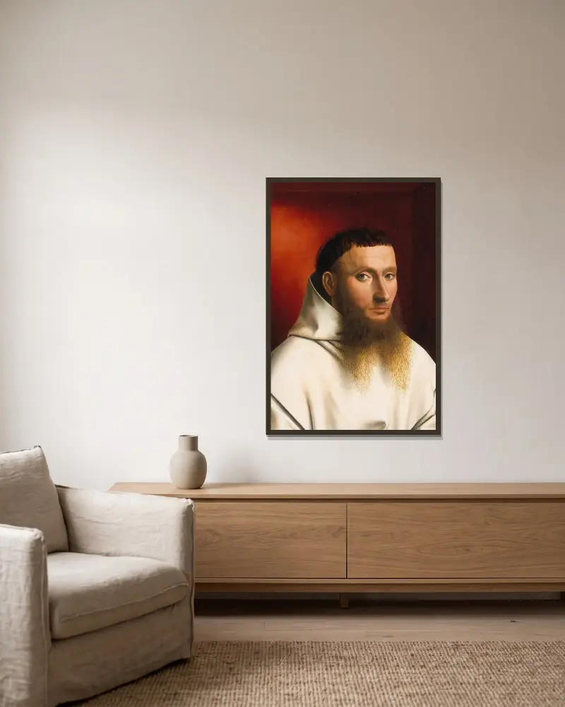 Bildnis eines Kartäusers von Petrus Christus gerahmt an einer Wand