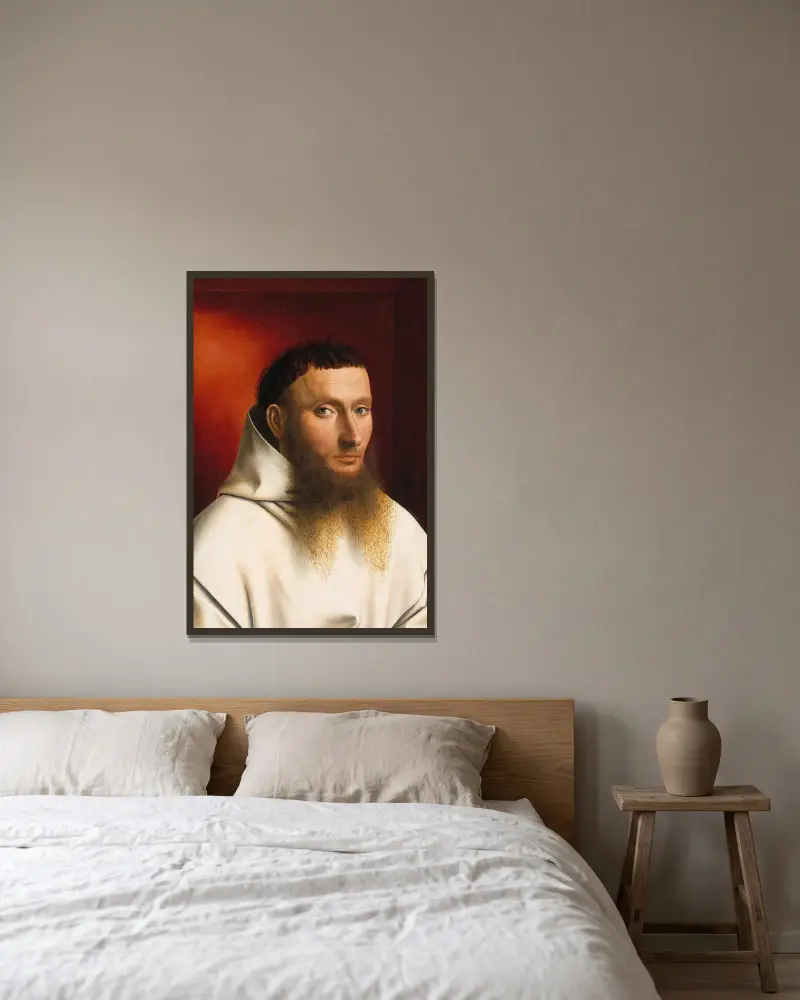 Bildnis eines Kartäusers von Petrus Christus gerahmt an einer Wand