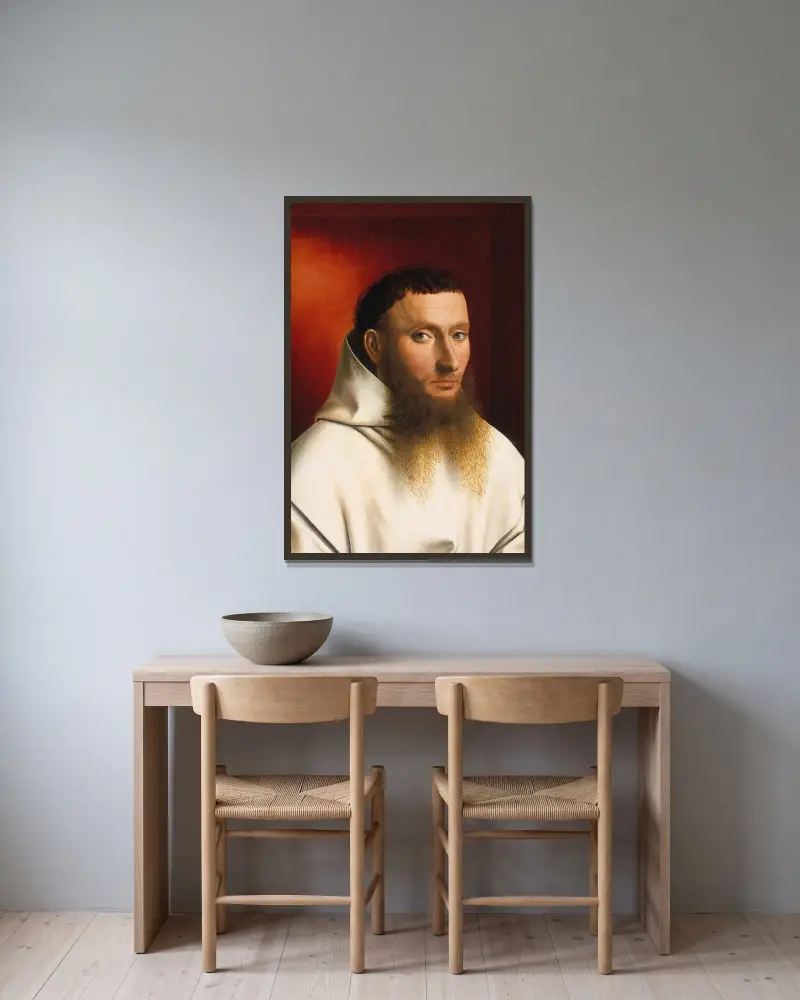 Bildnis eines Kartäusers von Petrus Christus gerahmt an einer Wand
