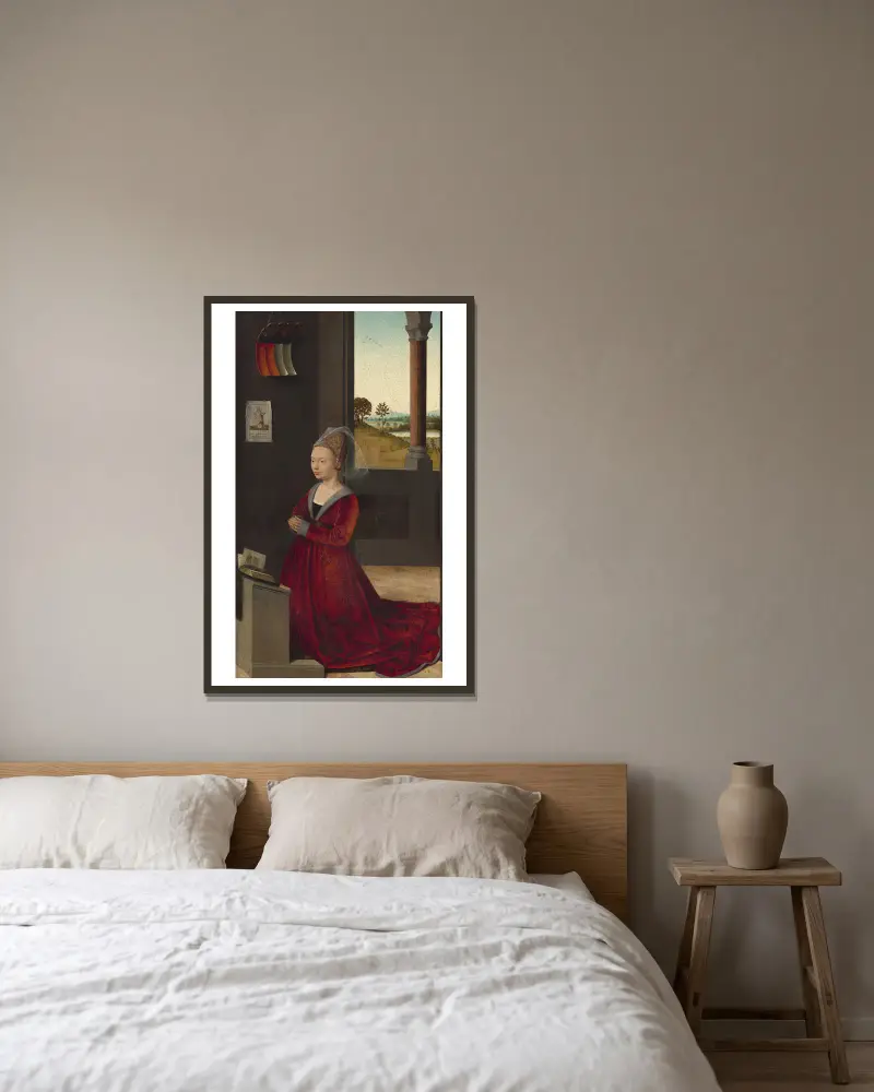 Porträtt av en kvinnlig donator av Petrus Christus inramad på en vägg