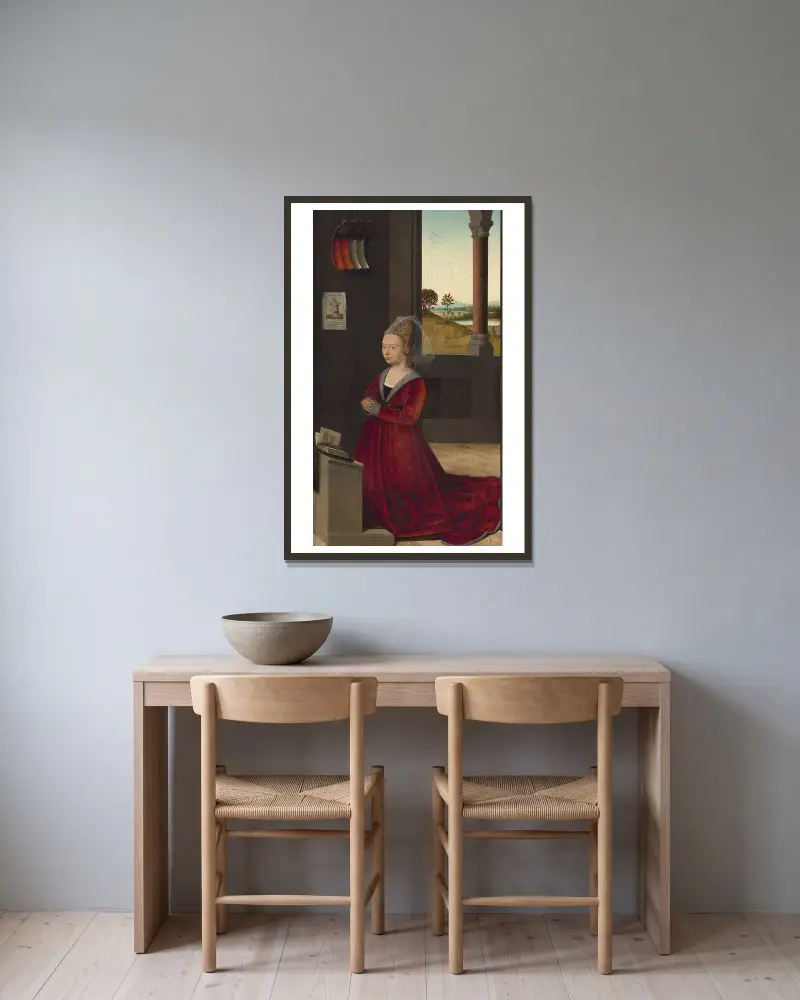 Porträtt av en kvinnlig donator av Petrus Christus inramad på en vägg