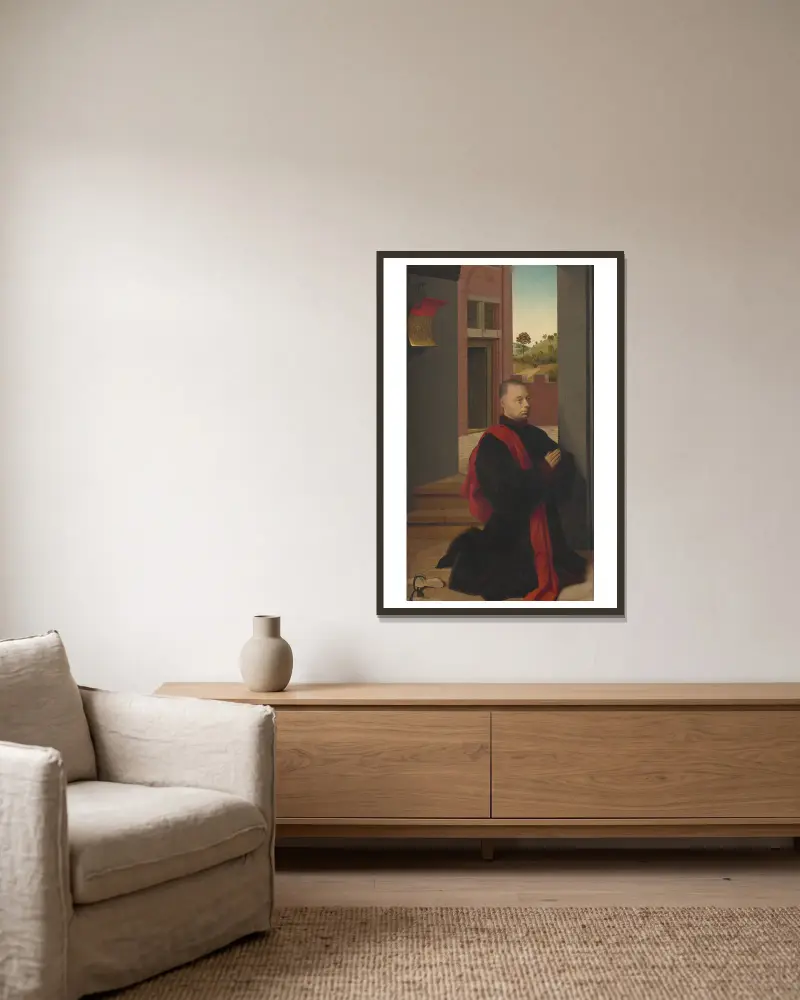 Porträtt av en manlig donator av Petrus Christus inramad på en vägg