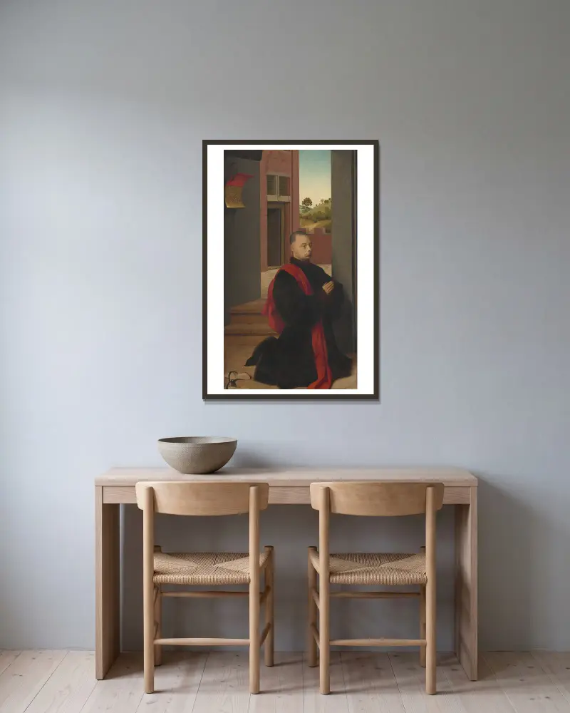 Porträtt av en manlig donator av Petrus Christus inramad på en vägg