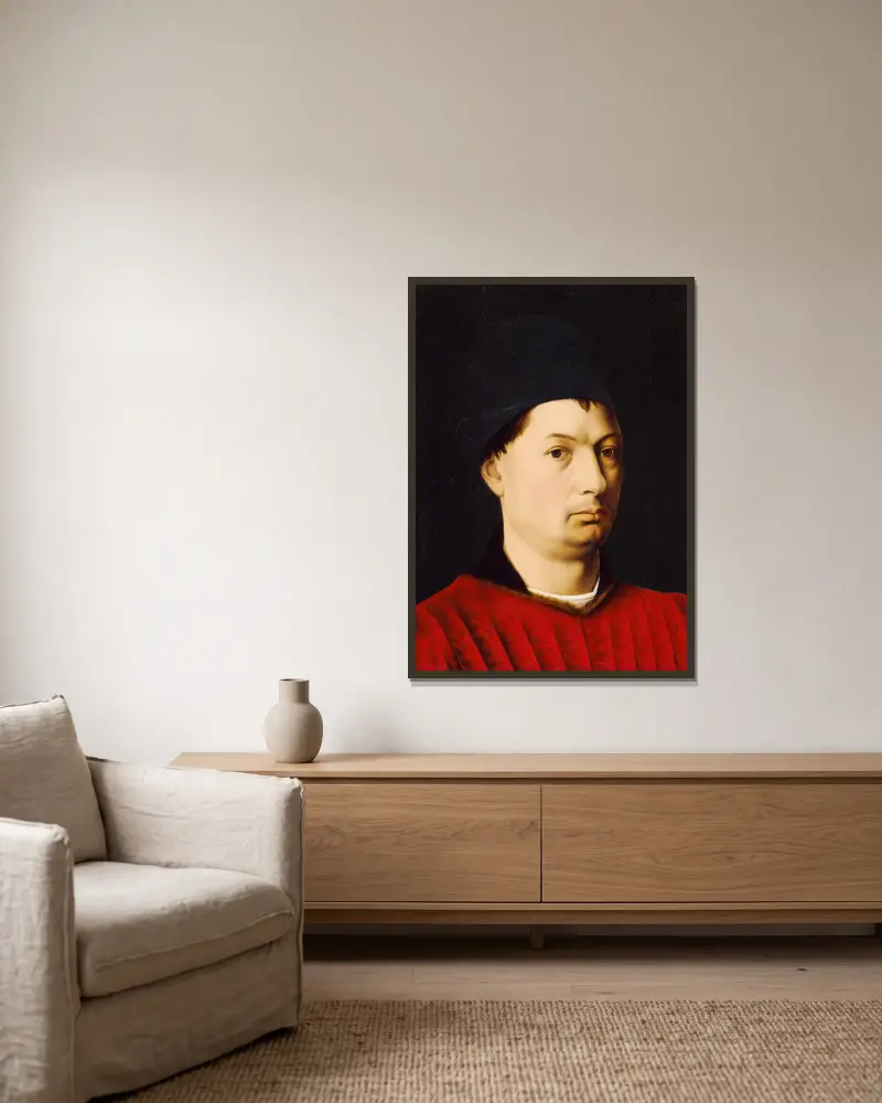 Porträtt av en man av Petrus Christus inramad på en vägg