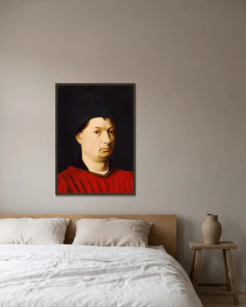 Porträtt av en man av Petrus Christus inramad på en vägg