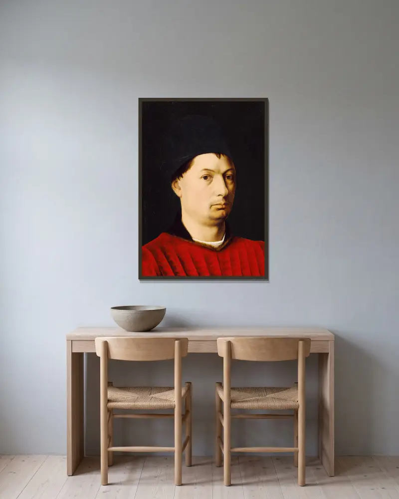 Porträtt av en man av Petrus Christus inramad på en vägg