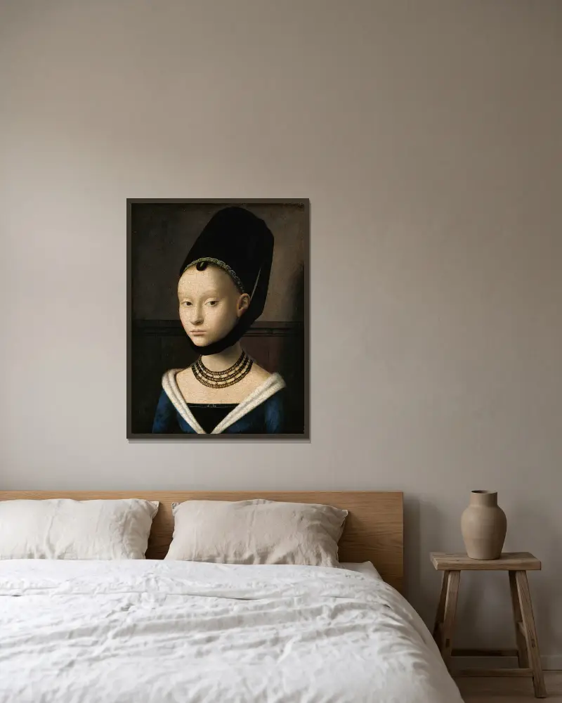 Bildnis einer jungen Frau von Petrus Christus gerahmt an einer Wand