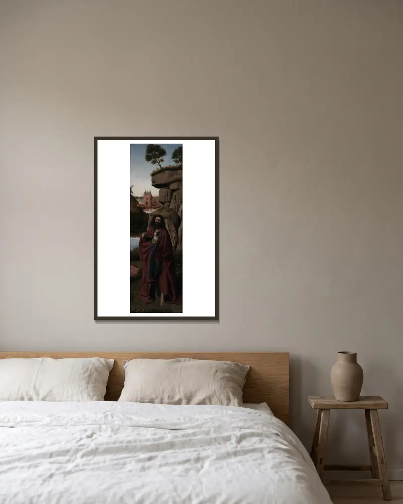 Johannes der Täufer in einer Landschaft von Petrus Christus gerahmt an einer Wand