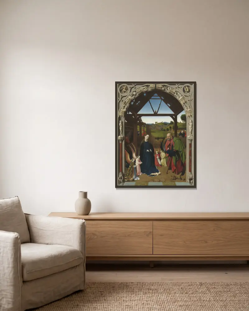 The Nativity av Petrus Christus inramad på en vägg