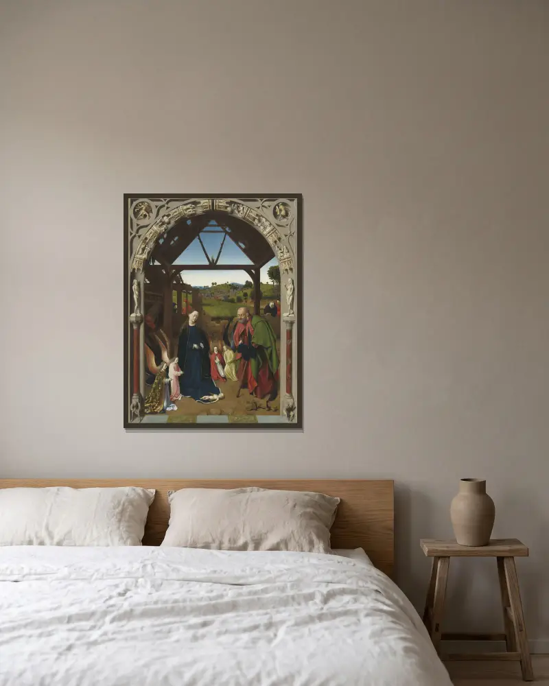 The Nativity av Petrus Christus inramad på en vägg