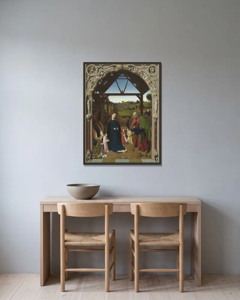 The Nativity av Petrus Christus inramad på en vägg