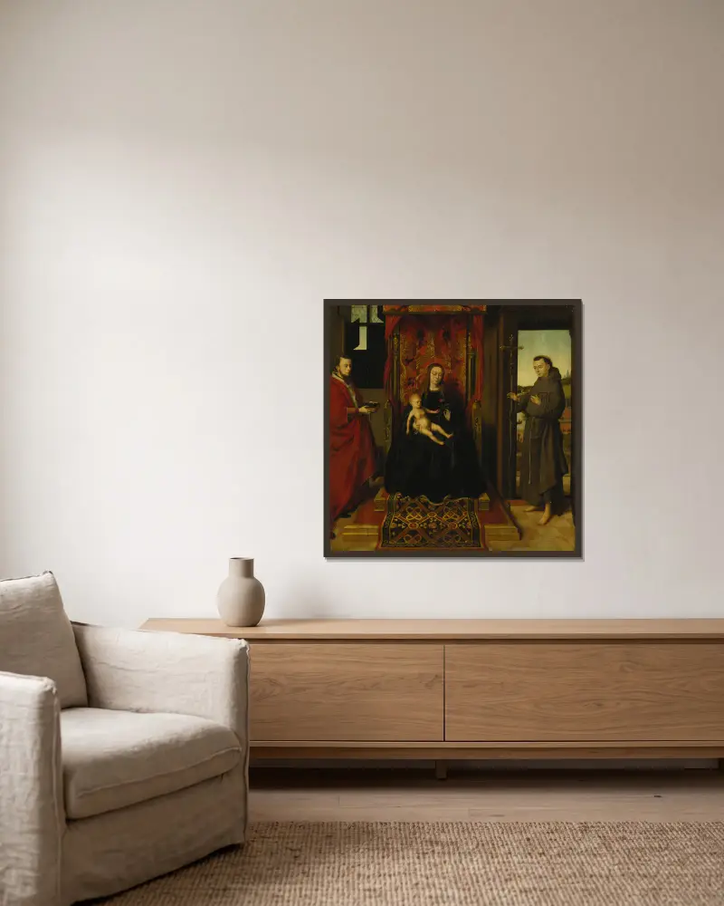Jungfrun och barnet med de heliga Hieronymus och Franciskus av Petrus Christus inramad på en vägg
