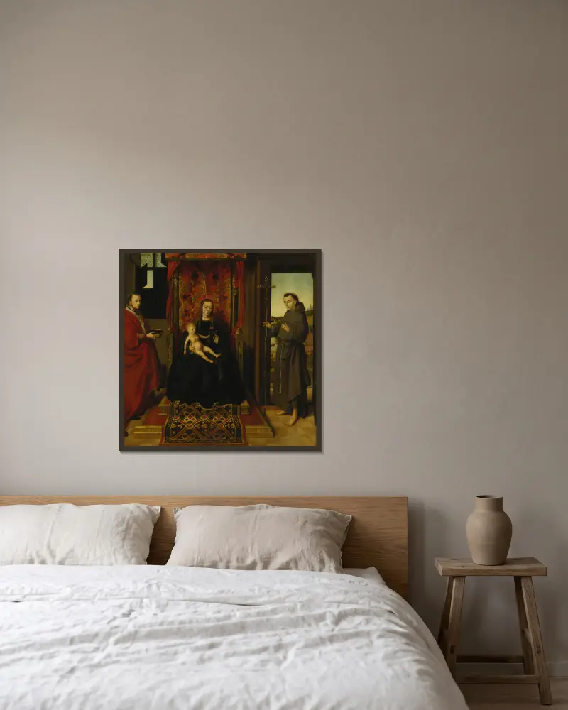 Jungfrun och barnet med de heliga Hieronymus och Franciskus av Petrus Christus inramad på en vägg