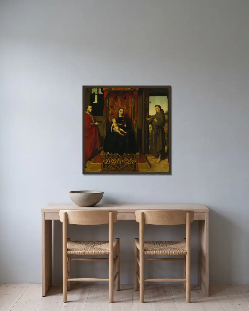 Jungfrun och barnet med de heliga Hieronymus och Franciskus av Petrus Christus inramad på en vägg