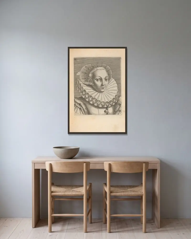 Frau, nach rechts gewandt, 1590 – Nr. 2 von Philip Galle gerahmt an einer Wand