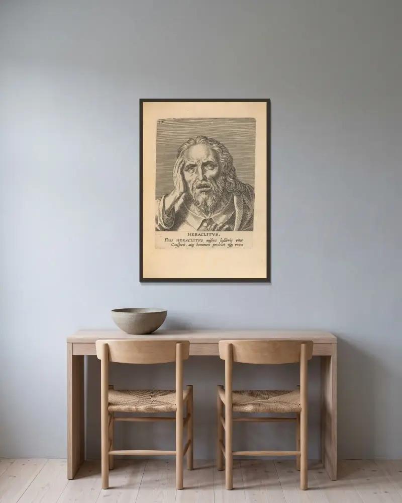 Heraclitus av Philip Galle inramad på en vägg