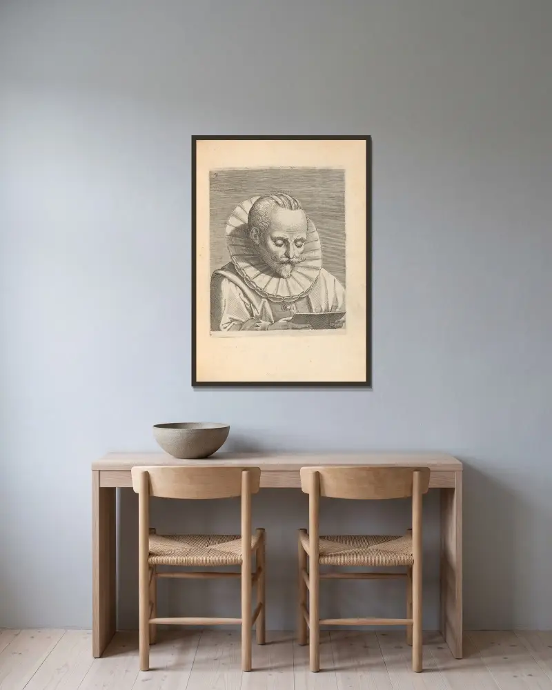 Lesender Mann von Philip Galle gerahmt an einer Wand