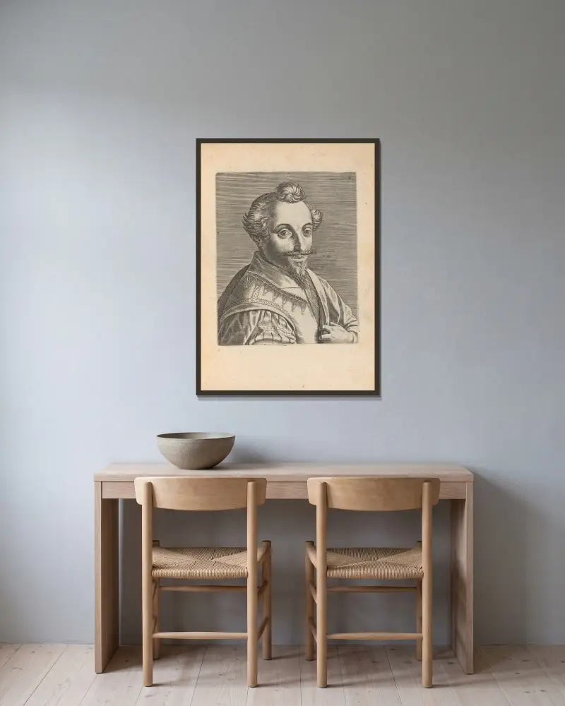 Man, vänd åt höger, 1590 – nr 1 av Philip Galle inramad på en vägg