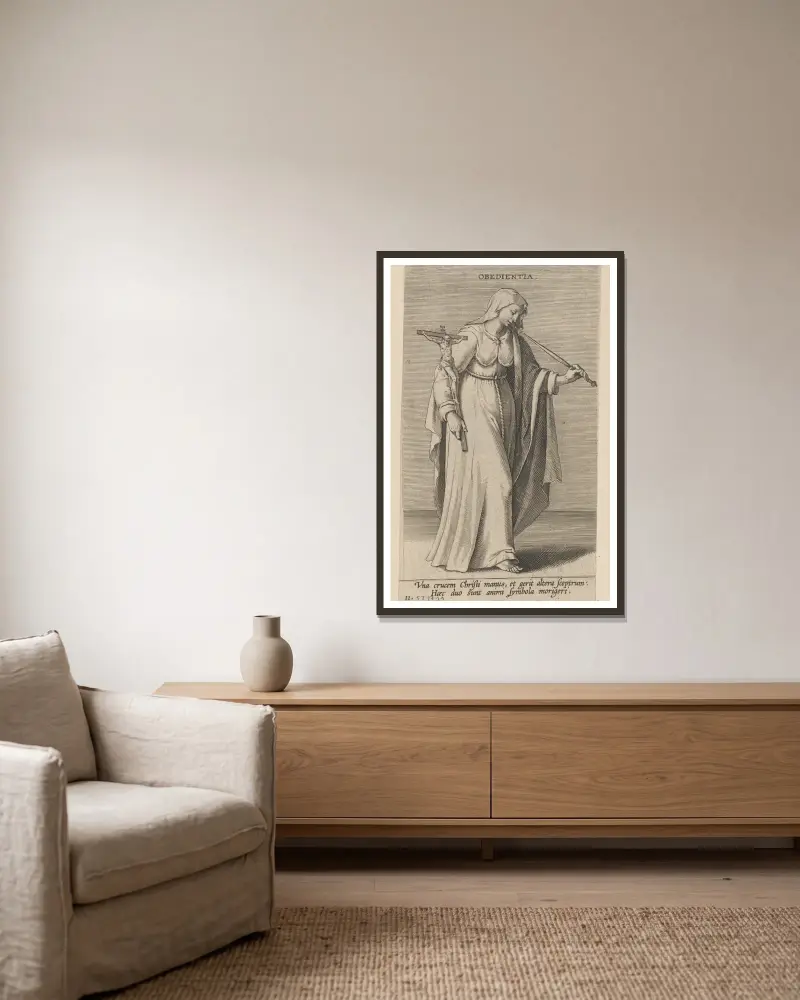 Obedientia von Philip Galle gerahmt an einer Wand
