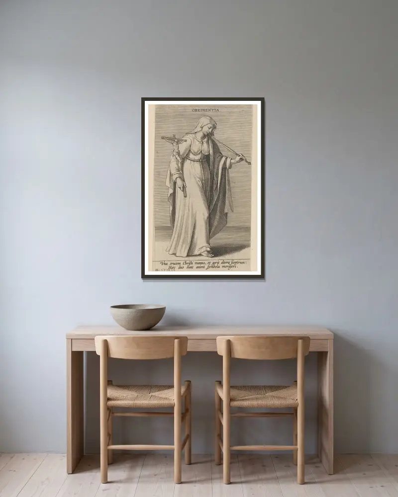 Obedientia von Philip Galle gerahmt an einer Wand