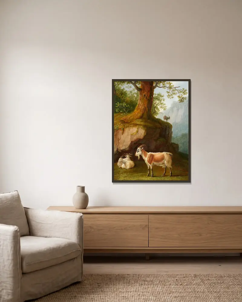 Bergige Landschaft mit vier Ziegen von Jacob Philipp Hackert gerahmt an einer Wand